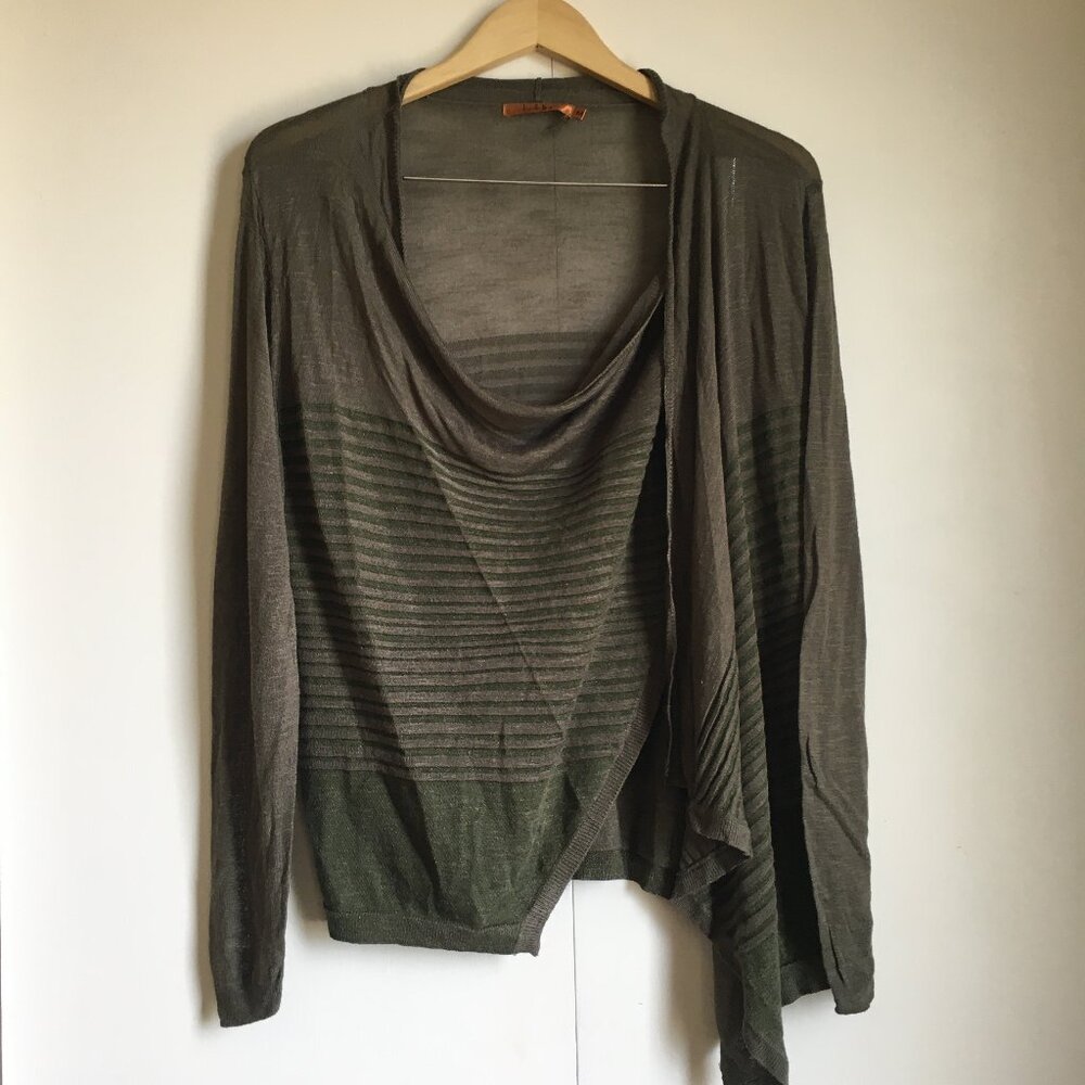 Belldini Aegean Olive Green Handkerchief Cardigan - Metallic Sheen Open Front
